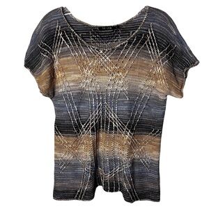 Nic+Zoe | Tan Blue Linen Blend Short Sleeve Sweater, Medium Petite